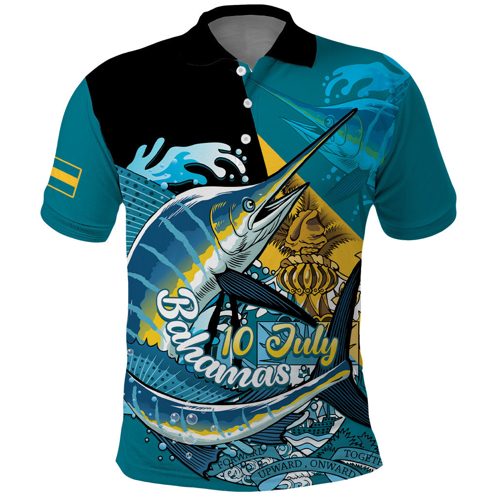 Personalized Bahamas Independence Day Polo Shirt Happy 10 July Blue Marlin Coat Of Arms