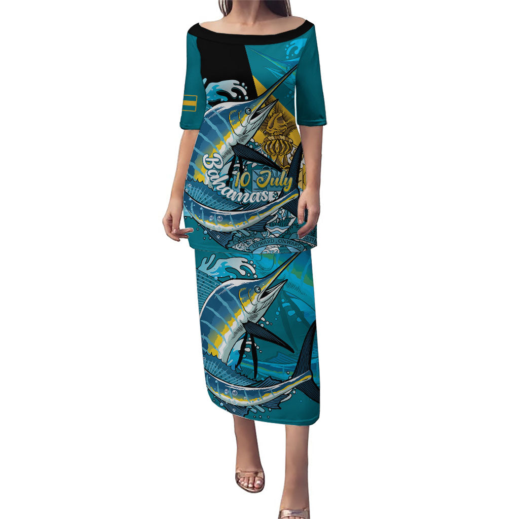 Personalized Bahamas Independence Day Puletasi Happy 10 July Blue Marlin Coat Of Arms