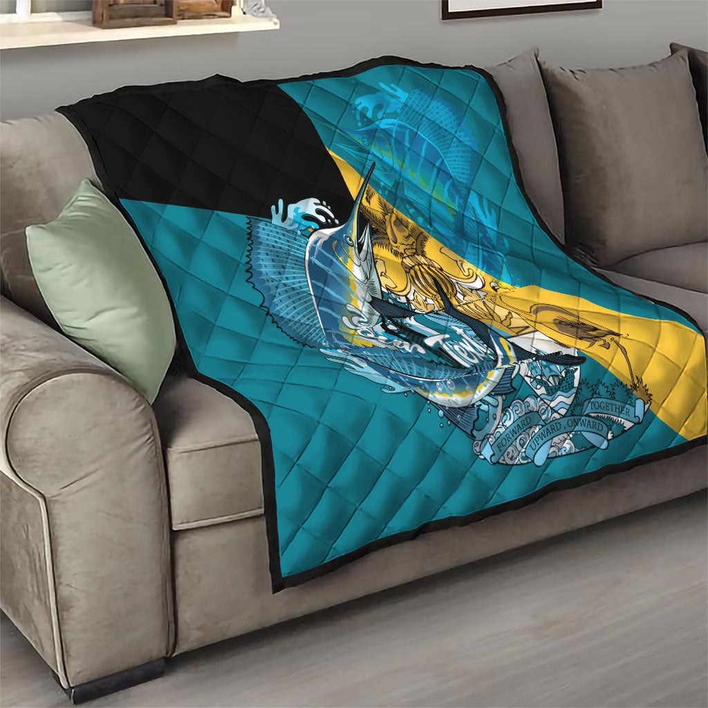 Personalized Bahamas Independence Day Quilt Happy 10 July Blue Marlin Coat Of Arms