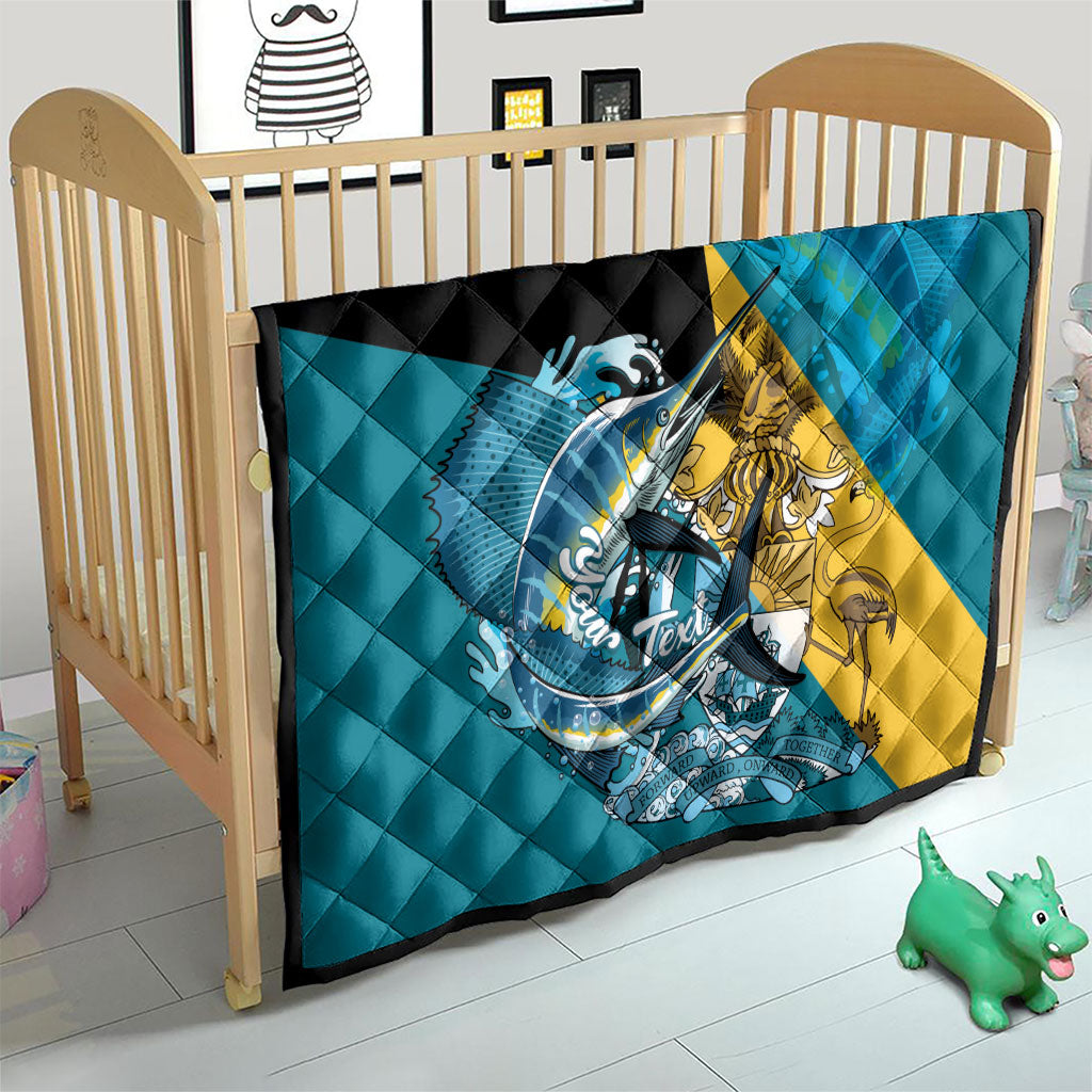 Personalized Bahamas Independence Day Quilt Happy 10 July Blue Marlin Coat Of Arms