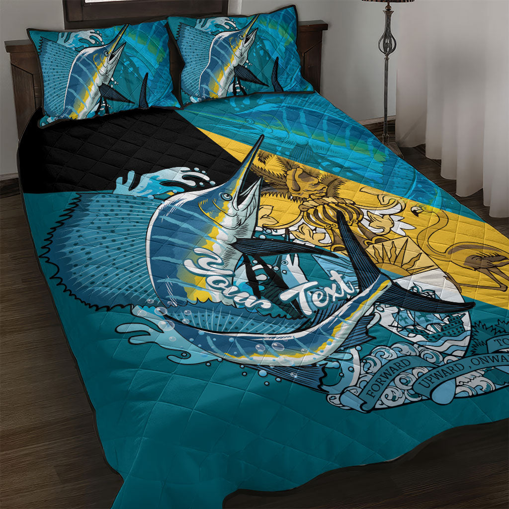 Personalized Bahamas Independence Day Quilt Bed Set Happy 10 July Blue Marlin Coat Of Arms