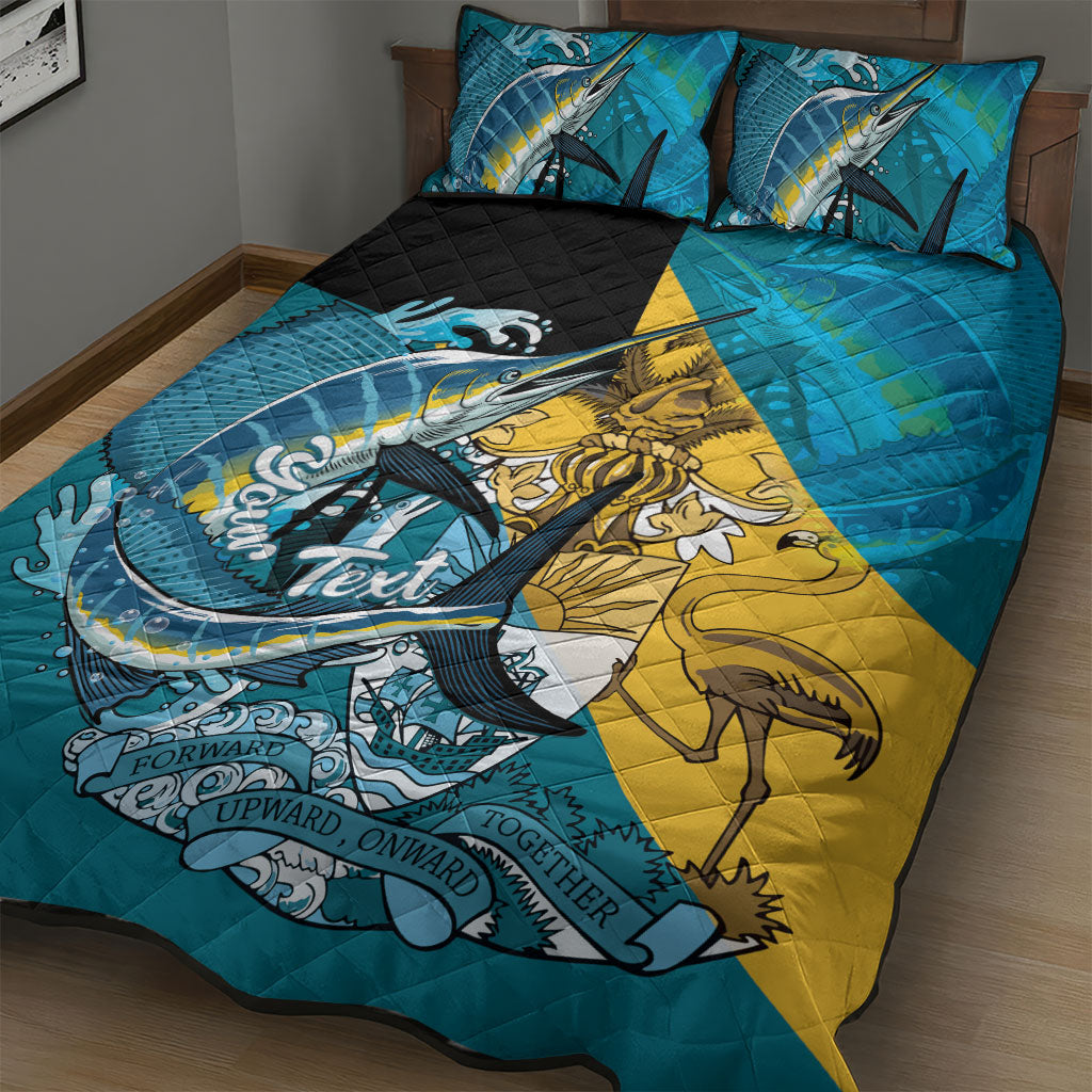 Personalized Bahamas Independence Day Quilt Bed Set Happy 10 July Blue Marlin Coat Of Arms