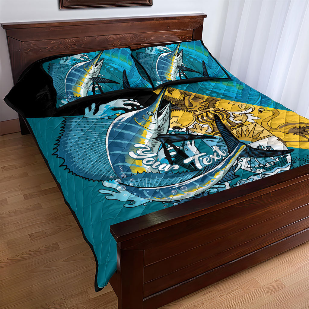 Personalized Bahamas Independence Day Quilt Bed Set Happy 10 July Blue Marlin Coat Of Arms
