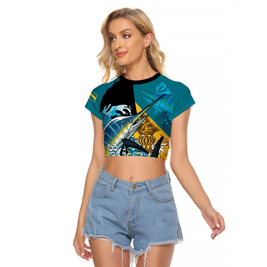 Personalized Bahamas Independence Day Raglan Cropped T Shirt Happy 10 July Blue Marlin Coat Of Arms