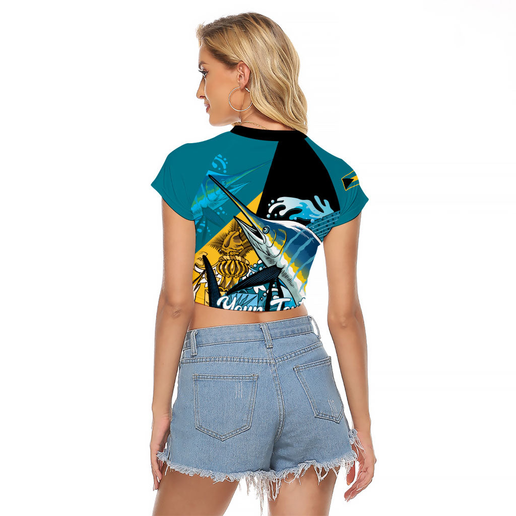 Personalized Bahamas Independence Day Raglan Cropped T Shirt Happy 10 July Blue Marlin Coat Of Arms