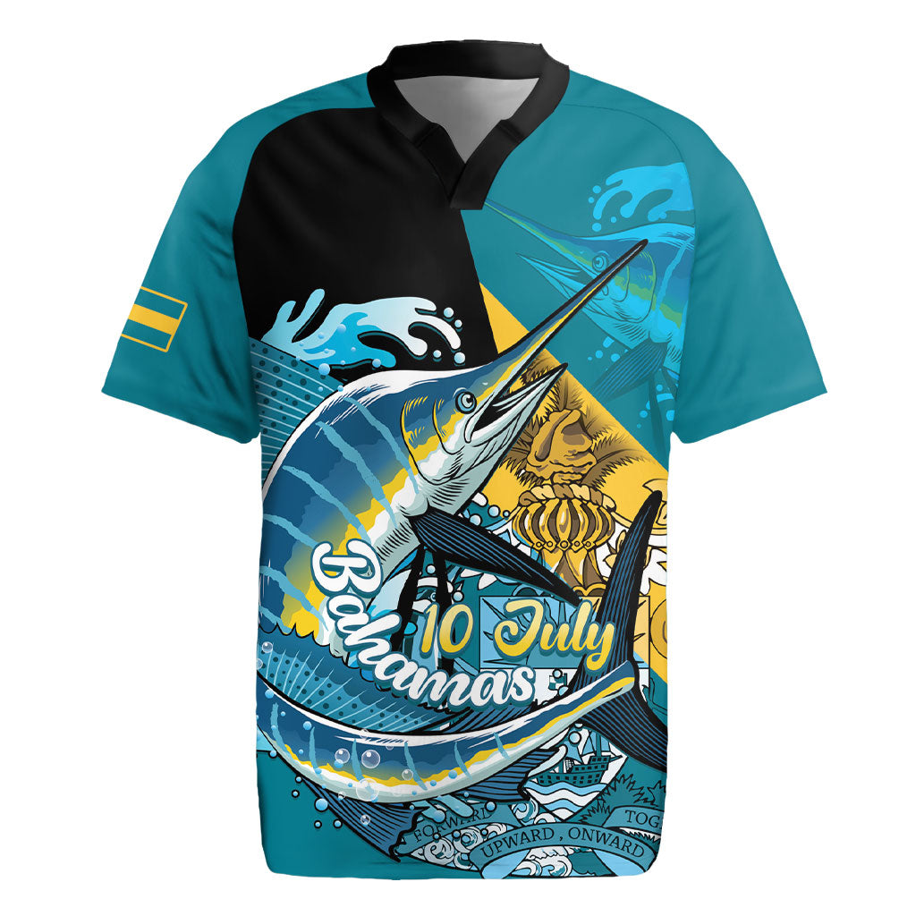 Personalized Bahamas Independence Day Rugby Jersey Happy 10 July Blue Marlin Coat Of Arms