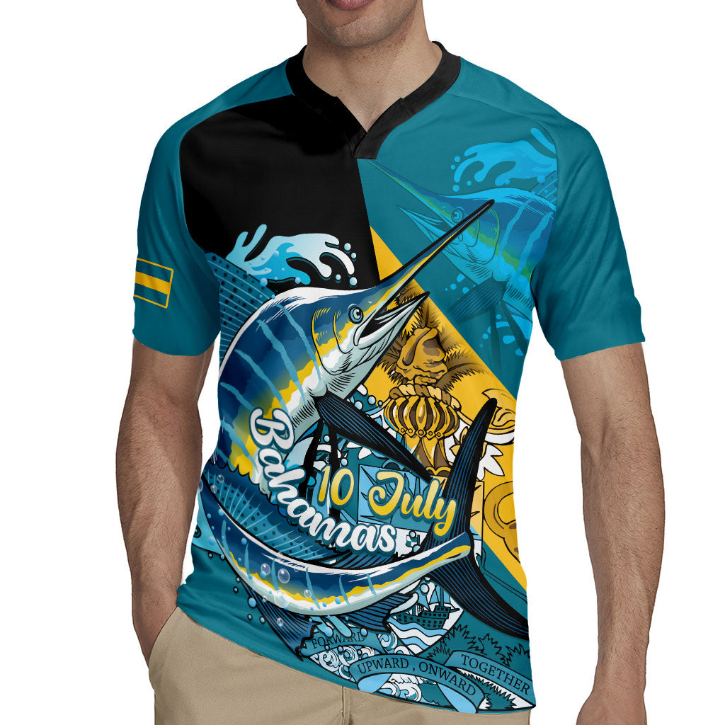 Personalized Bahamas Independence Day Rugby Jersey Happy 10 July Blue Marlin Coat Of Arms