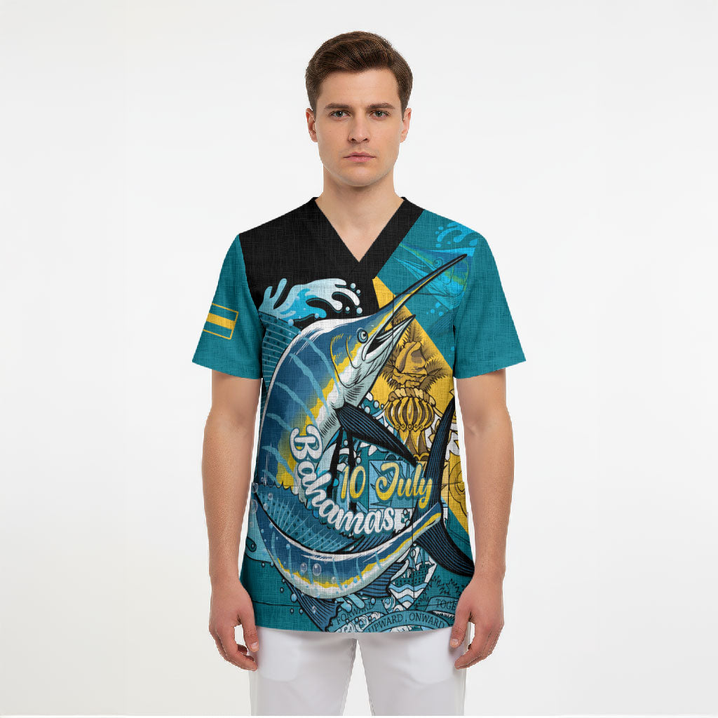 Personalized Bahamas Independence Day Scrub Top Happy 10 July Blue Marlin Coat Of Arms