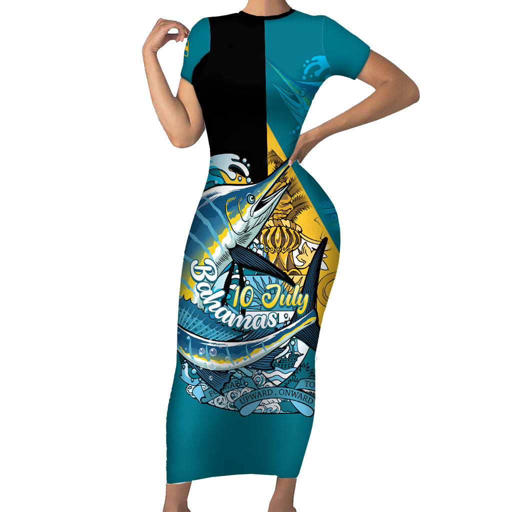 Personalized Bahamas Independence Day Short Sleeve Bodycon Dress Happy 10 July Blue Marlin Coat Of Arms