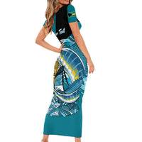 Personalized Bahamas Independence Day Short Sleeve Bodycon Dress Happy 10 July Blue Marlin Coat Of Arms
