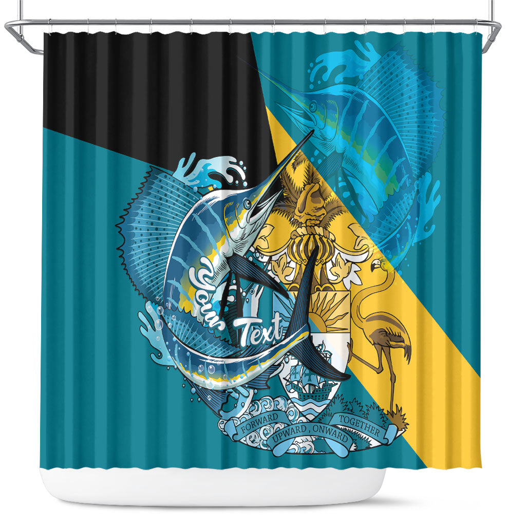 Personalized Bahamas Independence Day Shower Curtain Happy 10 July Blue Marlin Coat Of Arms