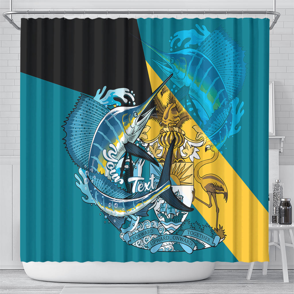 Personalized Bahamas Independence Day Shower Curtain Happy 10 July Blue Marlin Coat Of Arms