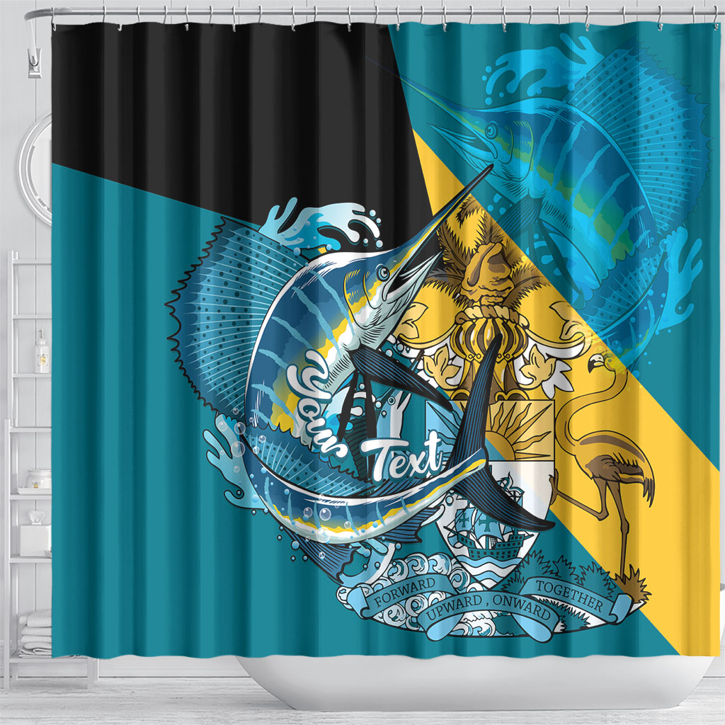 Personalized Bahamas Independence Day Shower Curtain Happy 10 July Blue Marlin Coat Of Arms