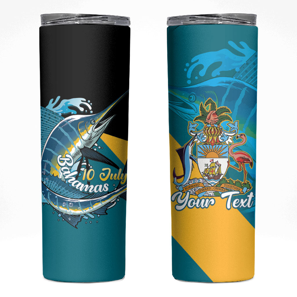 Personalized Bahamas Independence Day Skinny Tumbler Happy 10 July Blue Marlin Coat Of Arms