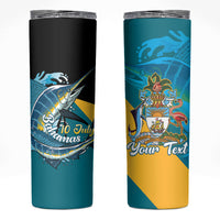 Personalized Bahamas Independence Day Skinny Tumbler Happy 10 July Blue Marlin Coat Of Arms
