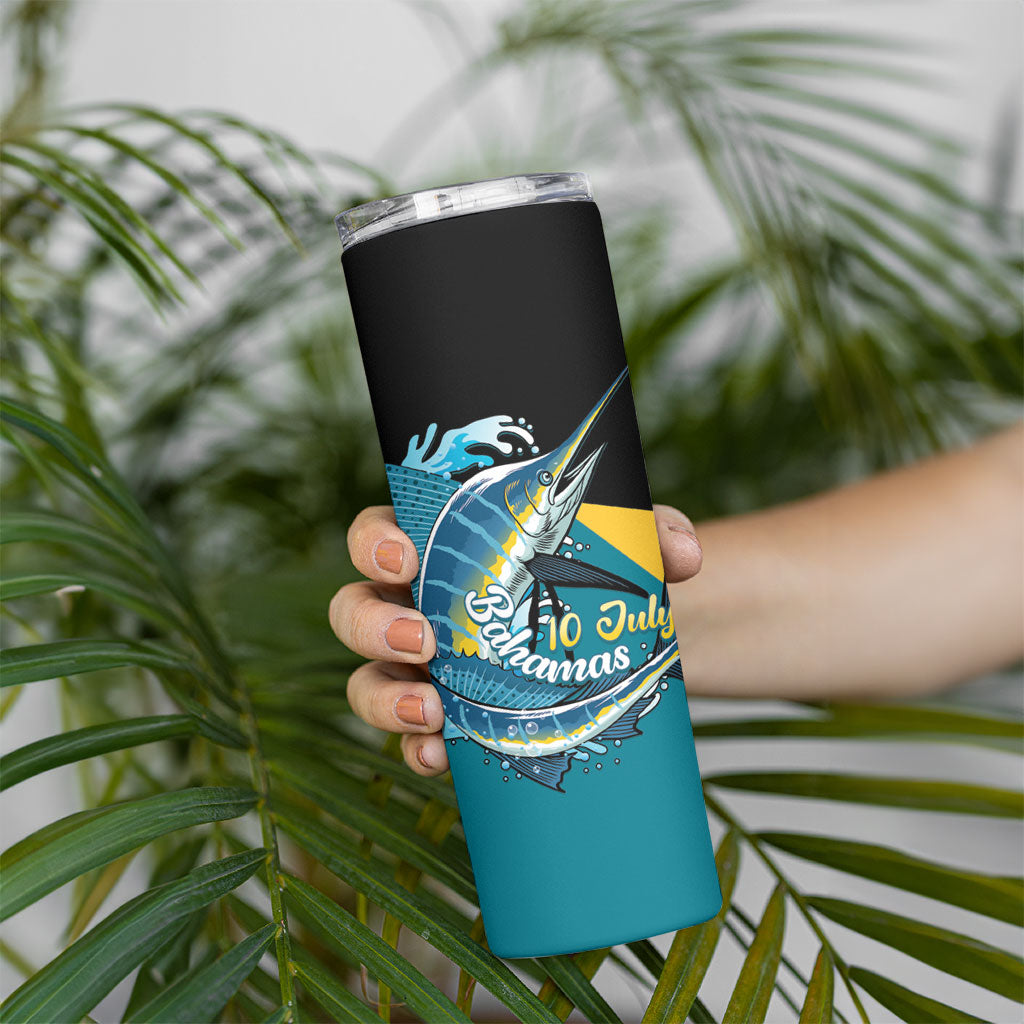 Personalized Bahamas Independence Day Skinny Tumbler Happy 10 July Blue Marlin Coat Of Arms