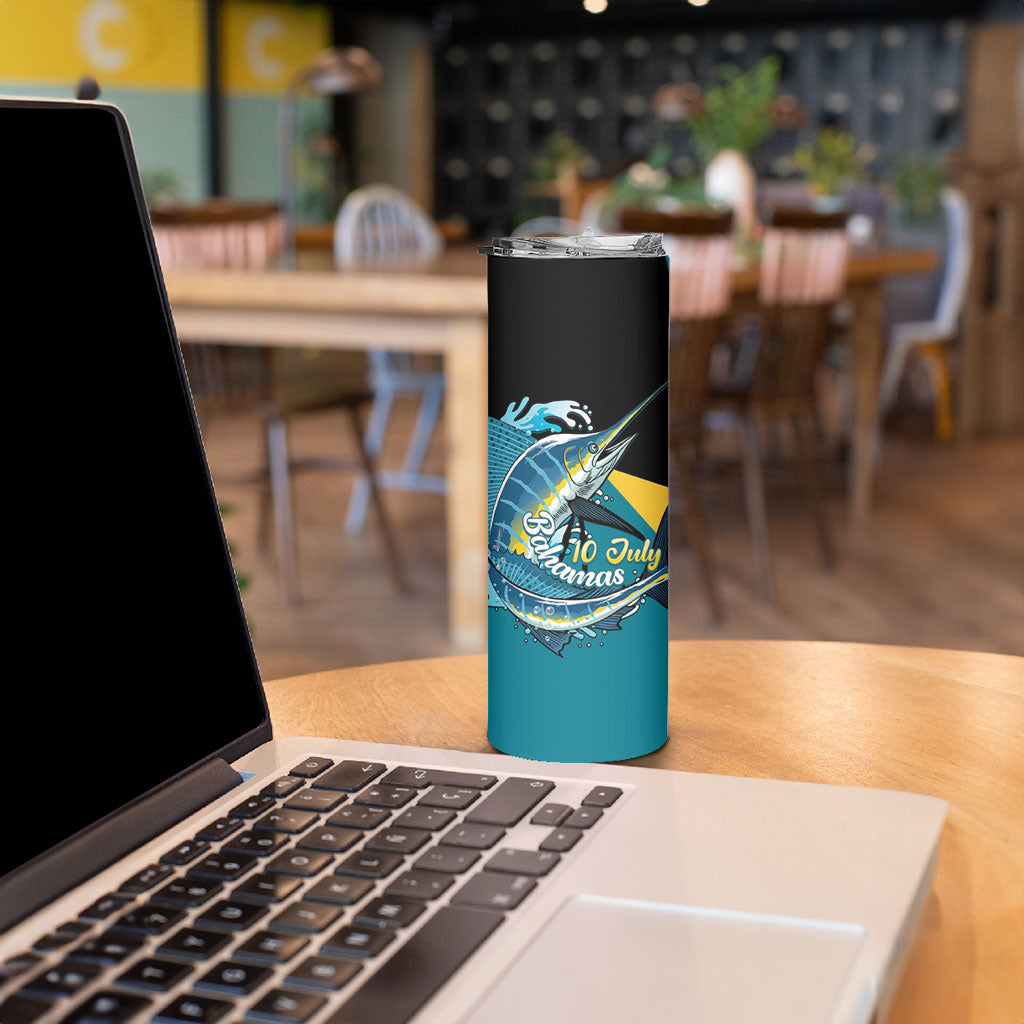 Personalized Bahamas Independence Day Skinny Tumbler Happy 10 July Blue Marlin Coat Of Arms