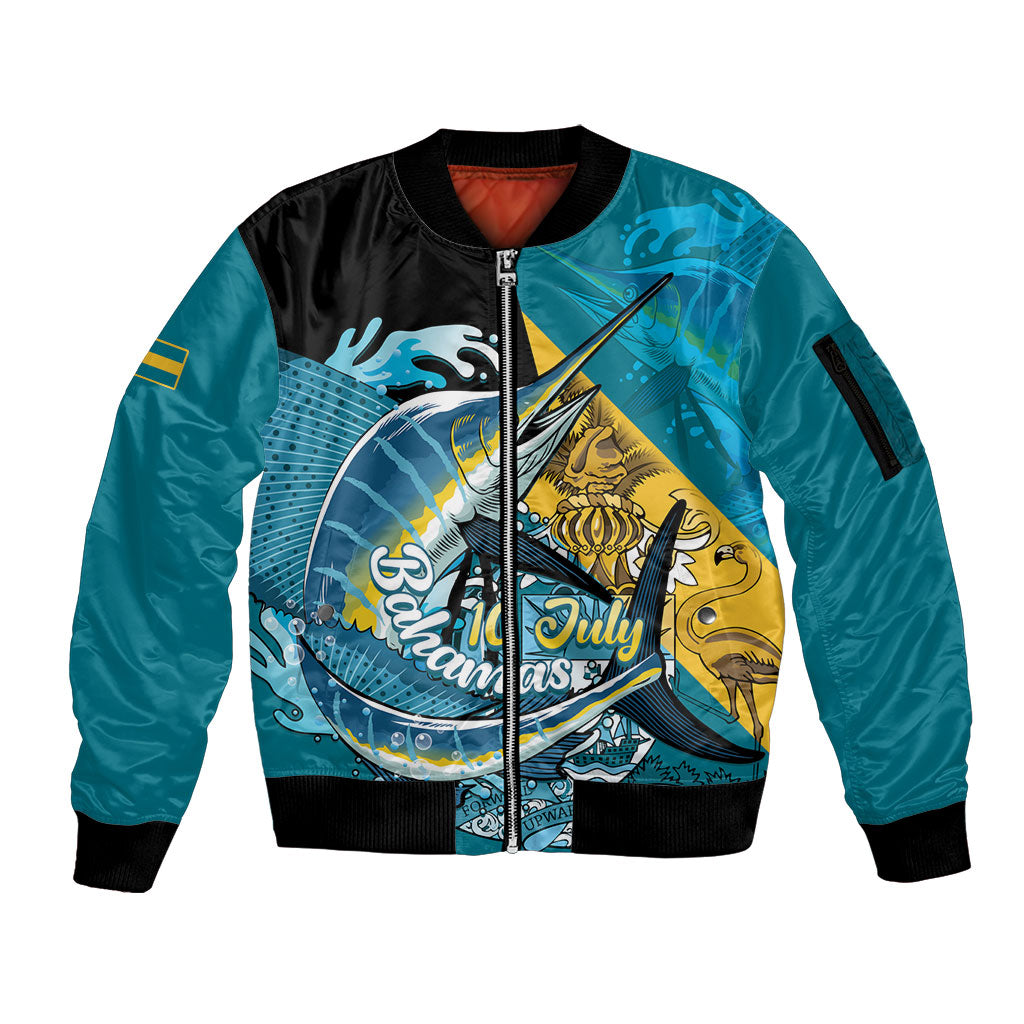 Personalized Bahamas Independence Day Sleeve Zip Bomber Jacket Happy 10 July Blue Marlin Coat Of Arms