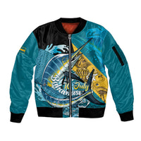 Personalized Bahamas Independence Day Sleeve Zip Bomber Jacket Happy 10 July Blue Marlin Coat Of Arms