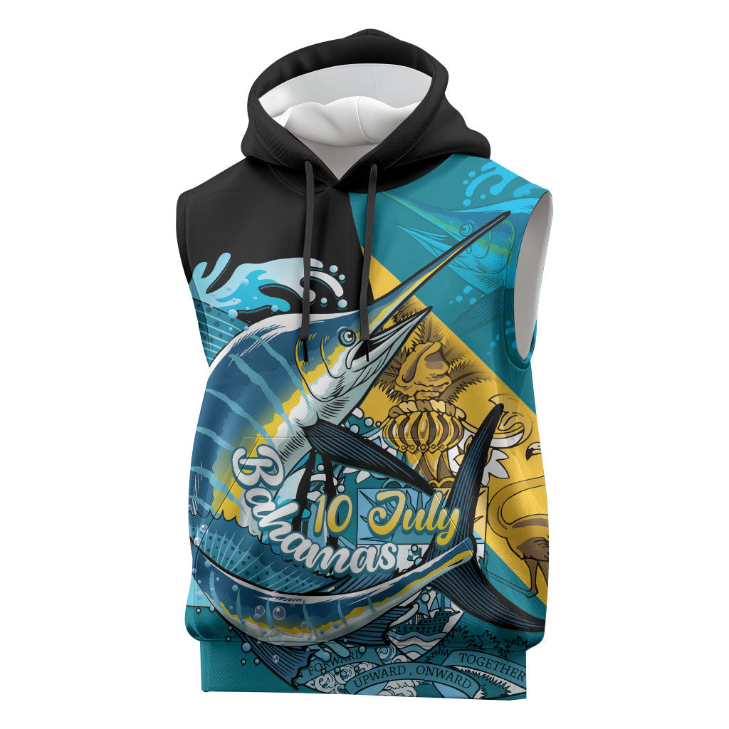 Personalized Bahamas Independence Day Sleeveless Hoodie Happy 10 July Blue Marlin Coat Of Arms