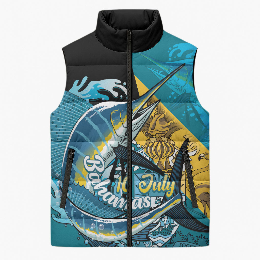 Personalized Bahamas Independence Day Sleeveless Puffer Jacket Happy 10 July Blue Marlin Coat Of Arms