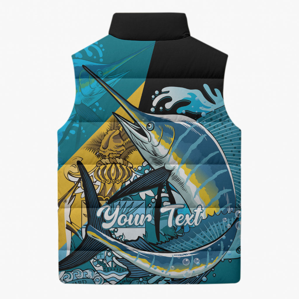 Personalized Bahamas Independence Day Sleeveless Puffer Jacket Happy 10 July Blue Marlin Coat Of Arms