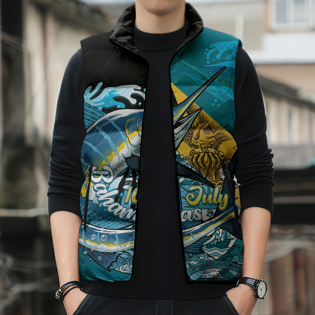 Personalized Bahamas Independence Day Sleeveless Puffer Jacket Happy 10 July Blue Marlin Coat Of Arms