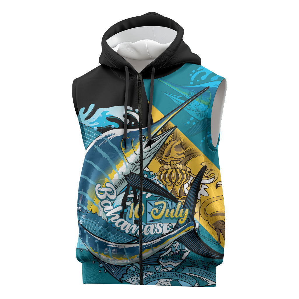 Personalized Bahamas Independence Day Sleeveless Zip Hoodie Happy 10 July Blue Marlin Coat Of Arms