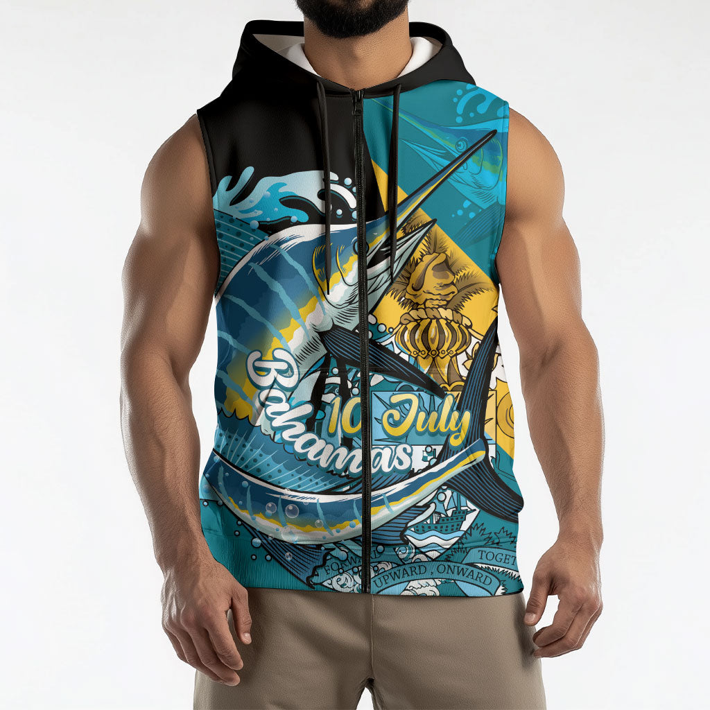 Personalized Bahamas Independence Day Sleeveless Zip Hoodie Happy 10 July Blue Marlin Coat Of Arms