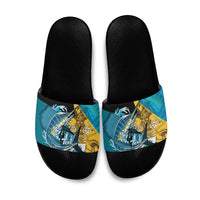 Personalized Bahamas Independence Day Slide Sandals Happy 10 July Blue Marlin Coat Of Arms