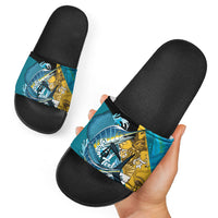 Personalized Bahamas Independence Day Slide Sandals Happy 10 July Blue Marlin Coat Of Arms