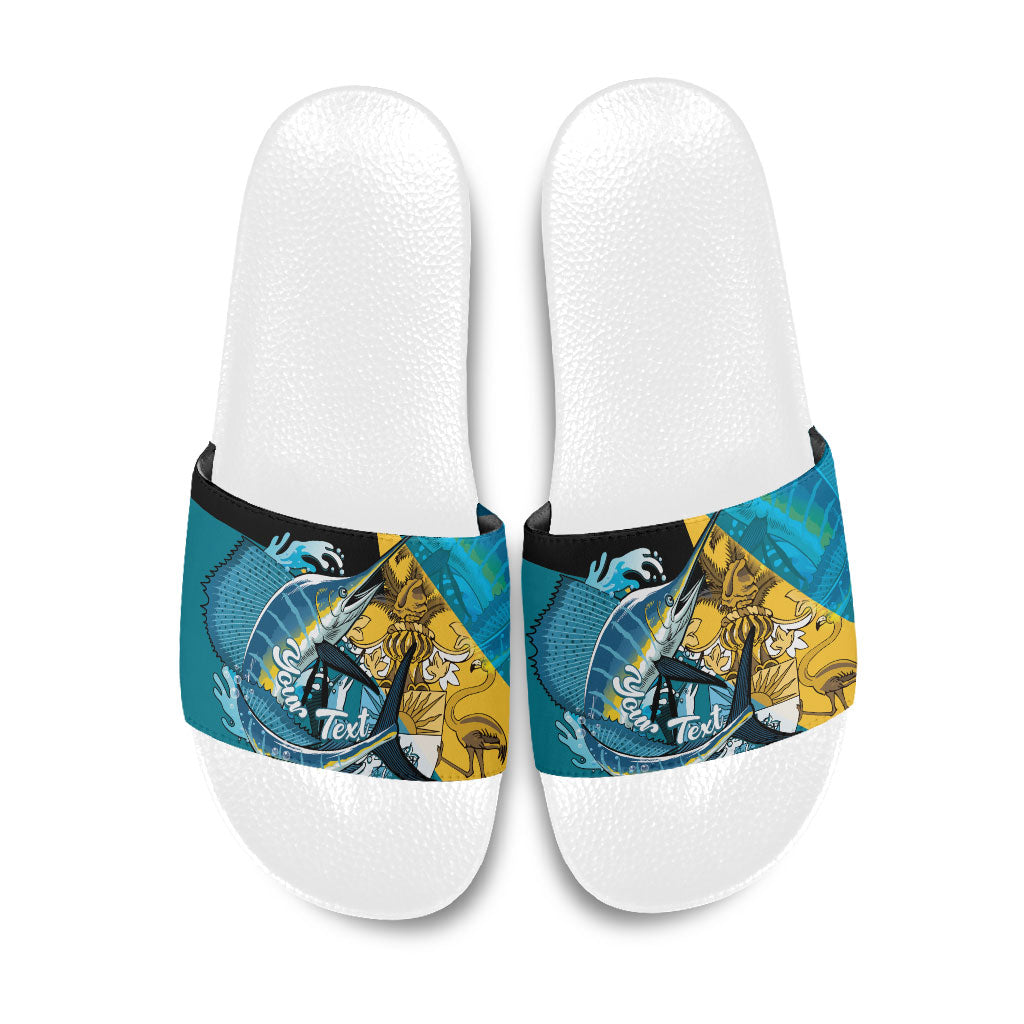 Personalized Bahamas Independence Day Slide Sandals Happy 10 July Blue Marlin Coat Of Arms