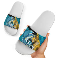 Personalized Bahamas Independence Day Slide Sandals Happy 10 July Blue Marlin Coat Of Arms