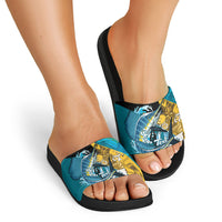 Personalized Bahamas Independence Day Slide Sandals Happy 10 July Blue Marlin Coat Of Arms