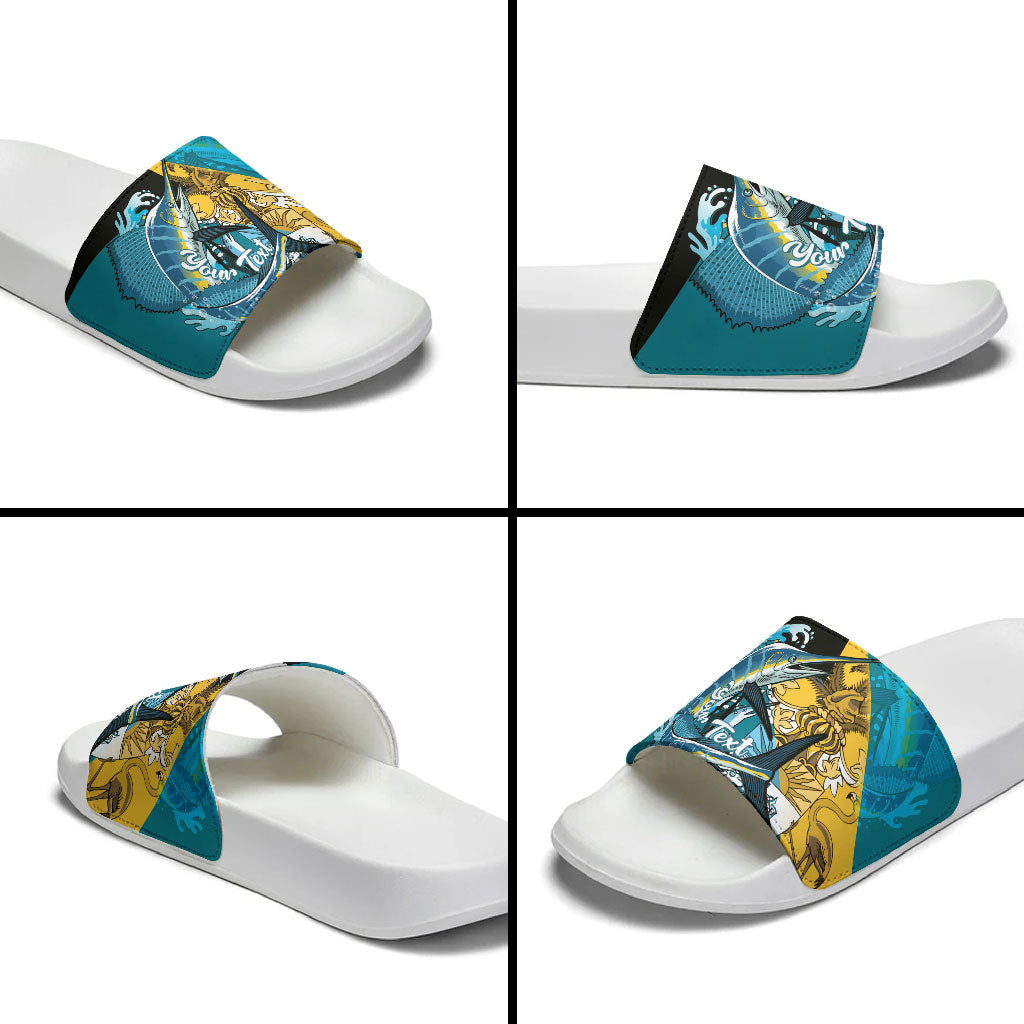 Personalized Bahamas Independence Day Slide Sandals Happy 10 July Blue Marlin Coat Of Arms
