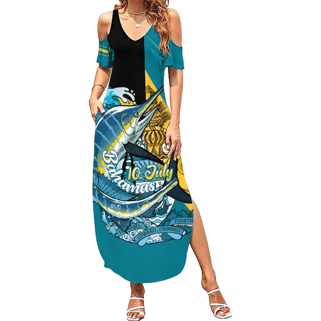 Personalized Bahamas Independence Day Summer Maxi Dress Happy 10 July Blue Marlin Coat Of Arms