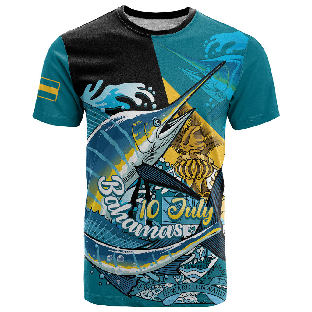 Personalized Bahamas Independence Day T Shirt Happy 10 July Blue Marlin Coat Of Arms