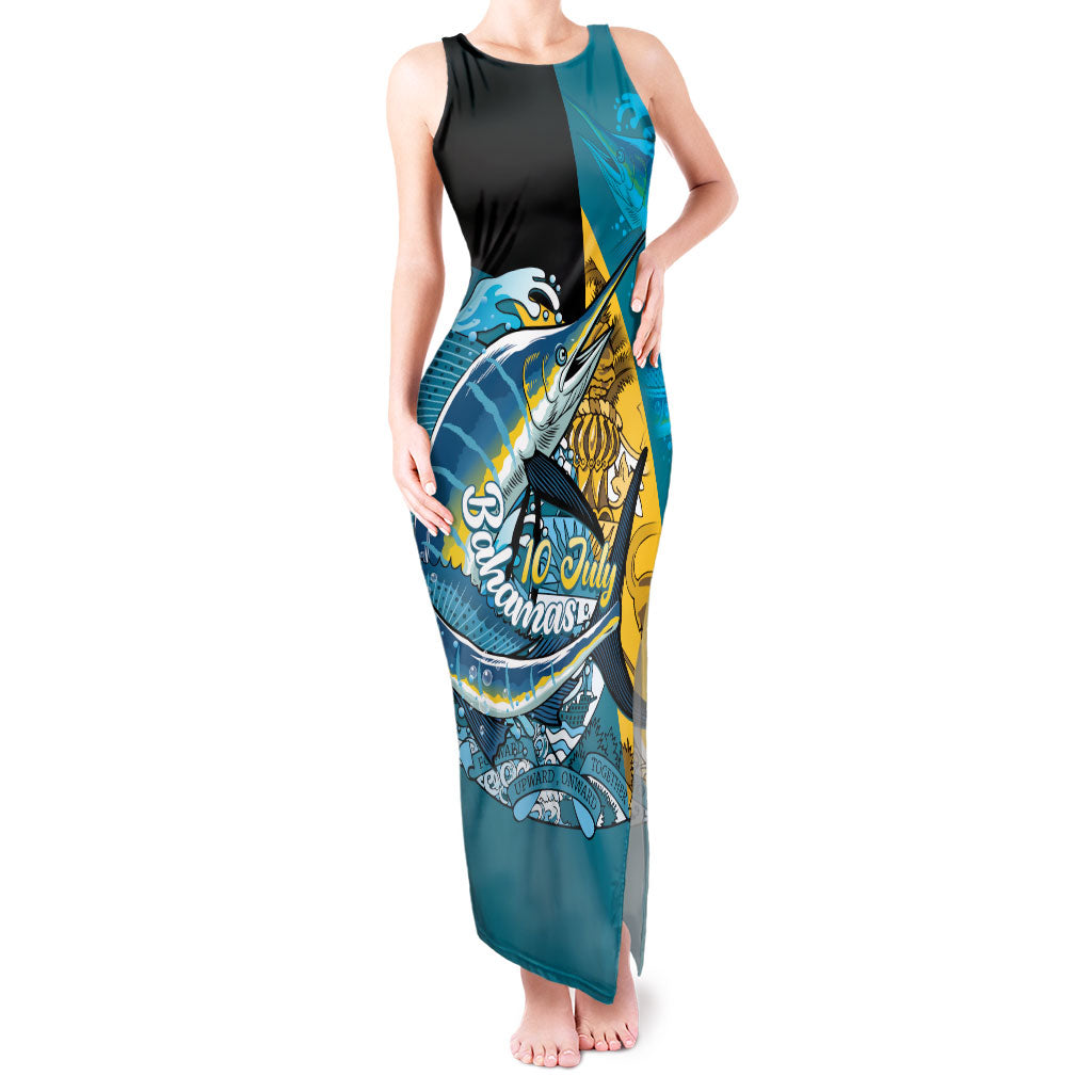 Personalized Bahamas Independence Day Tank Maxi Dress Happy 10 July Blue Marlin Coat Of Arms