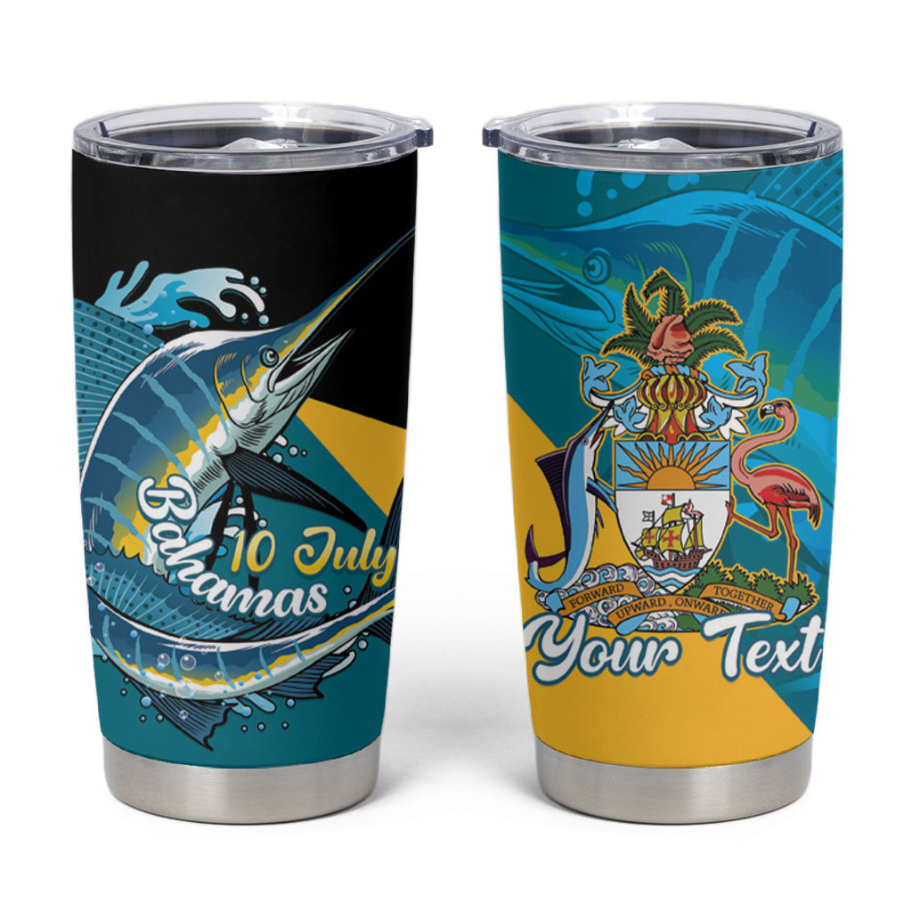 Personalized Bahamas Independence Day Tumbler Cup Happy 10 July Blue Marlin Coat Of Arms
