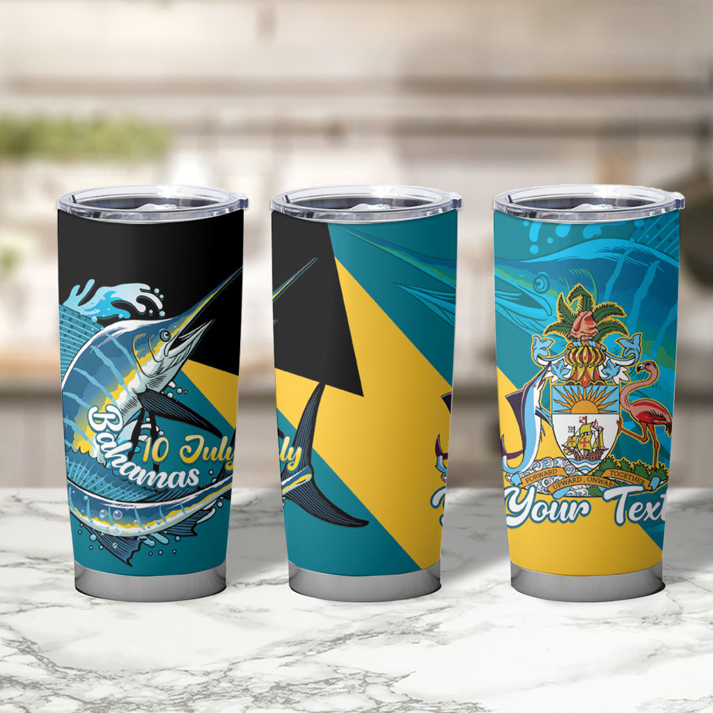 Personalized Bahamas Independence Day Tumbler Cup Happy 10 July Blue Marlin Coat Of Arms