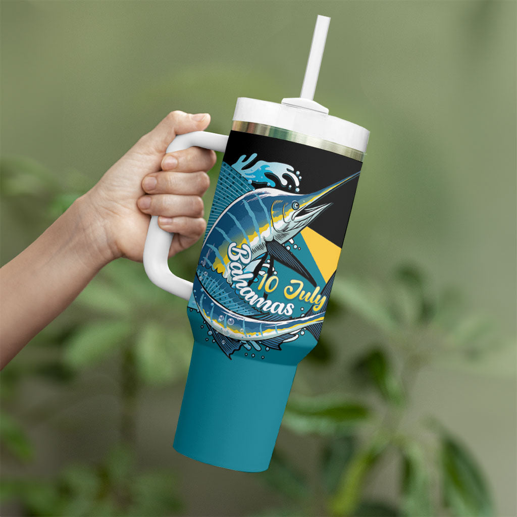 Personalized Bahamas Independence Day Tumbler With Handle Happy 10 July Blue Marlin Coat Of Arms