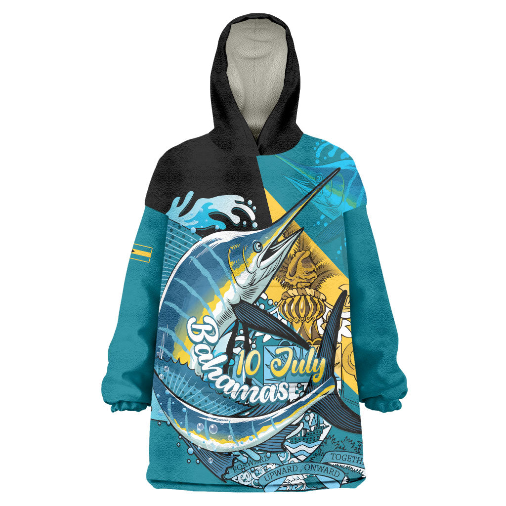Personalized Bahamas Independence Day Wearable Blanket Hoodie Happy 10 July Blue Marlin Coat Of Arms