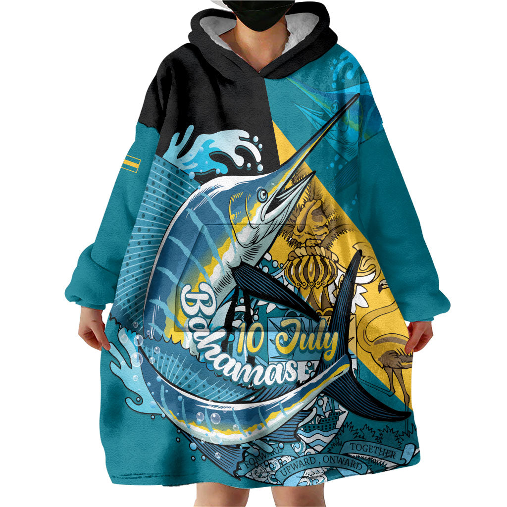 Personalized Bahamas Independence Day Wearable Blanket Hoodie Happy 10 July Blue Marlin Coat Of Arms