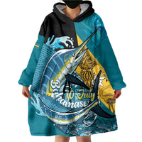 Personalized Bahamas Independence Day Wearable Blanket Hoodie Happy 10 July Blue Marlin Coat Of Arms
