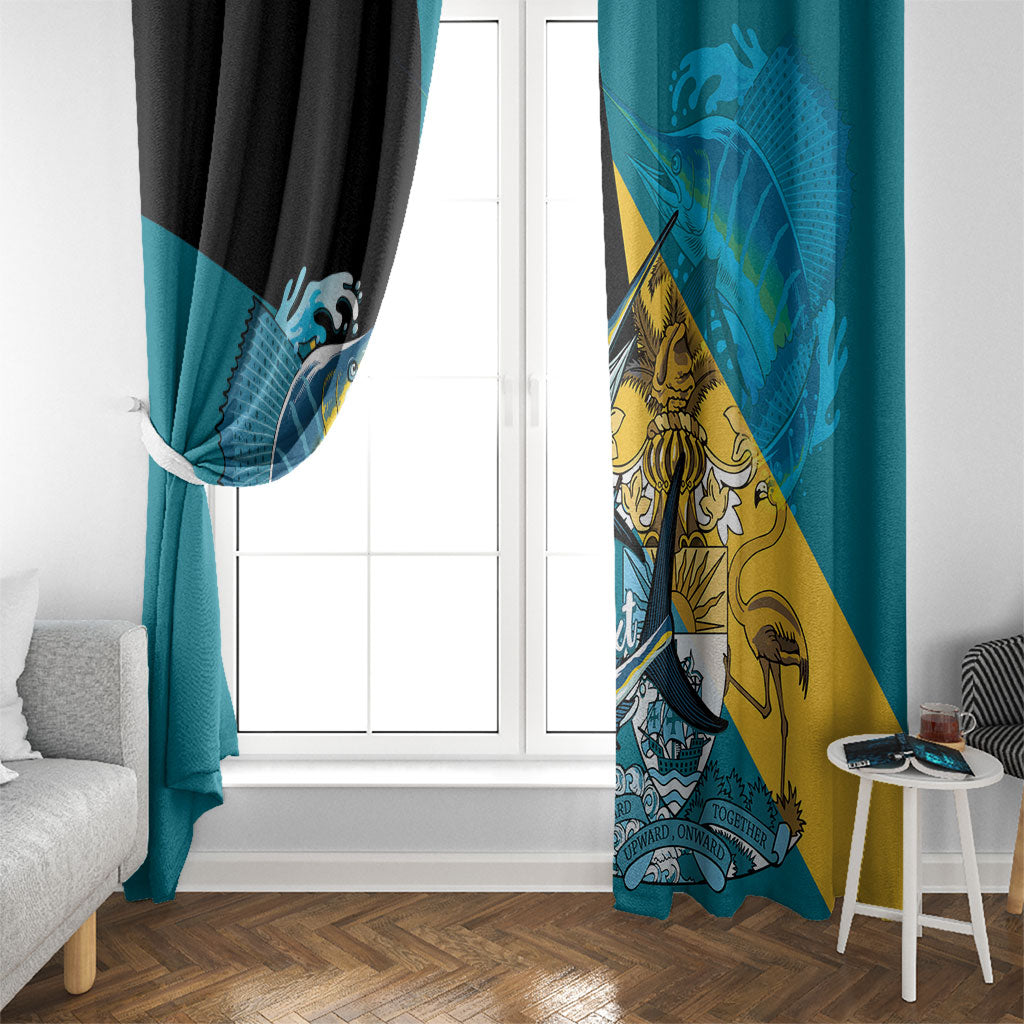 Personalized Bahamas Independence Day Window Curtain Happy 10 July Blue Marlin Coat Of Arms