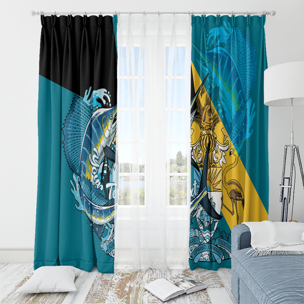 Personalized Bahamas Independence Day Window Curtain Happy 10 July Blue Marlin Coat Of Arms