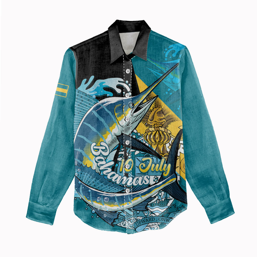 Personalized Bahamas Independence Day Women Casual Shirt Happy 10 July Blue Marlin Coat Of Arms