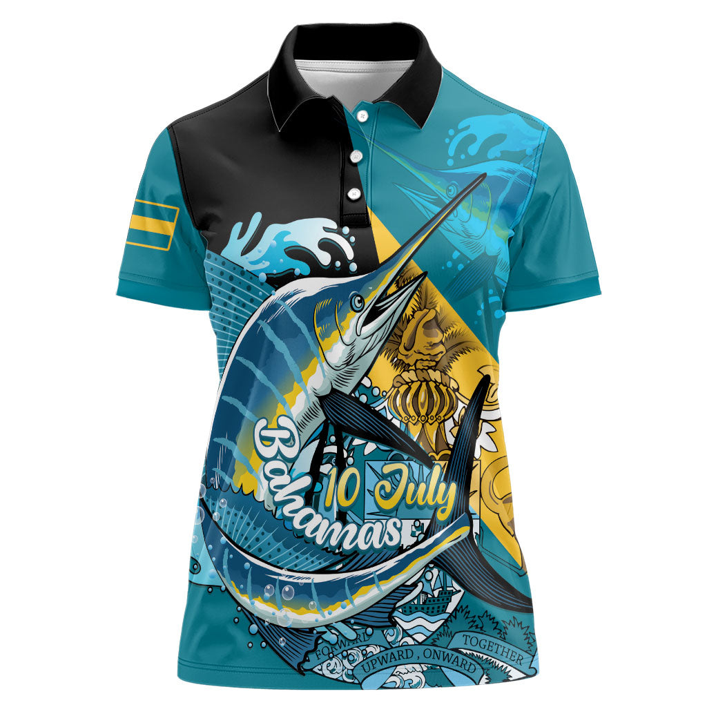 Personalized Bahamas Independence Day Women Polo Shirt Happy 10 July Blue Marlin Coat Of Arms