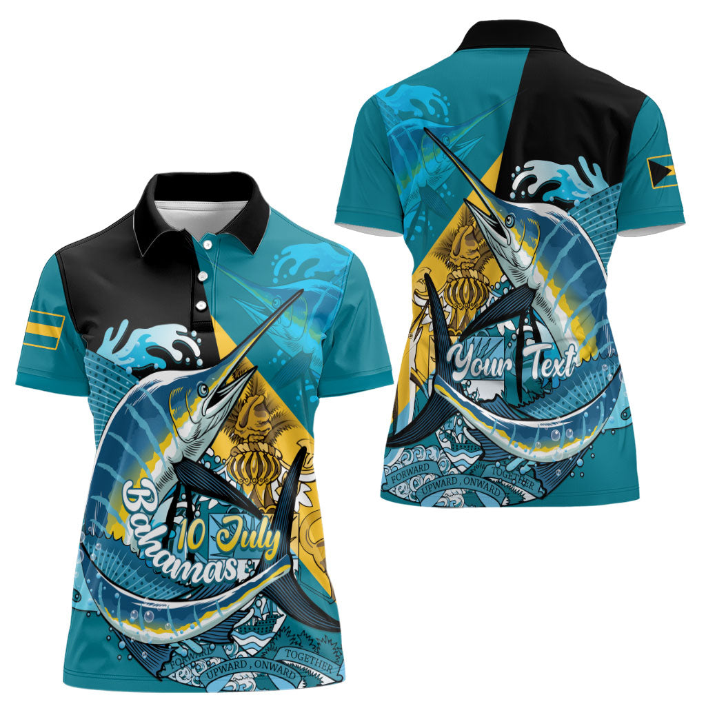 Personalized Bahamas Independence Day Women Polo Shirt Happy 10 July Blue Marlin Coat Of Arms