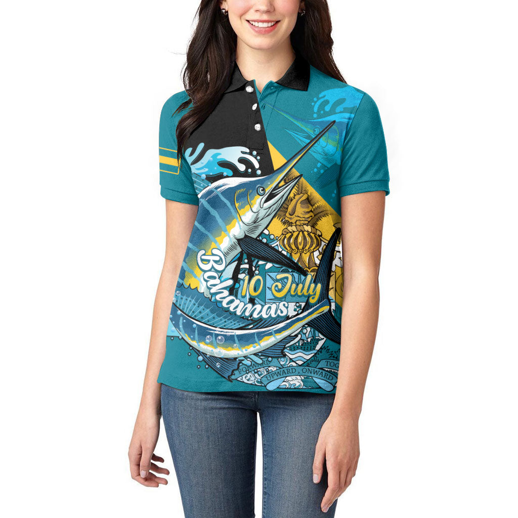 Personalized Bahamas Independence Day Women Polo Shirt Happy 10 July Blue Marlin Coat Of Arms